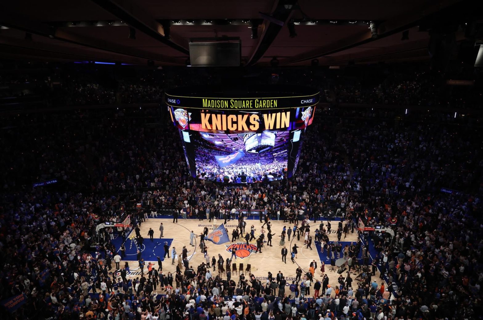 Madison Square Garden jumbotron reads KNICKS WIN after the 2026 championship