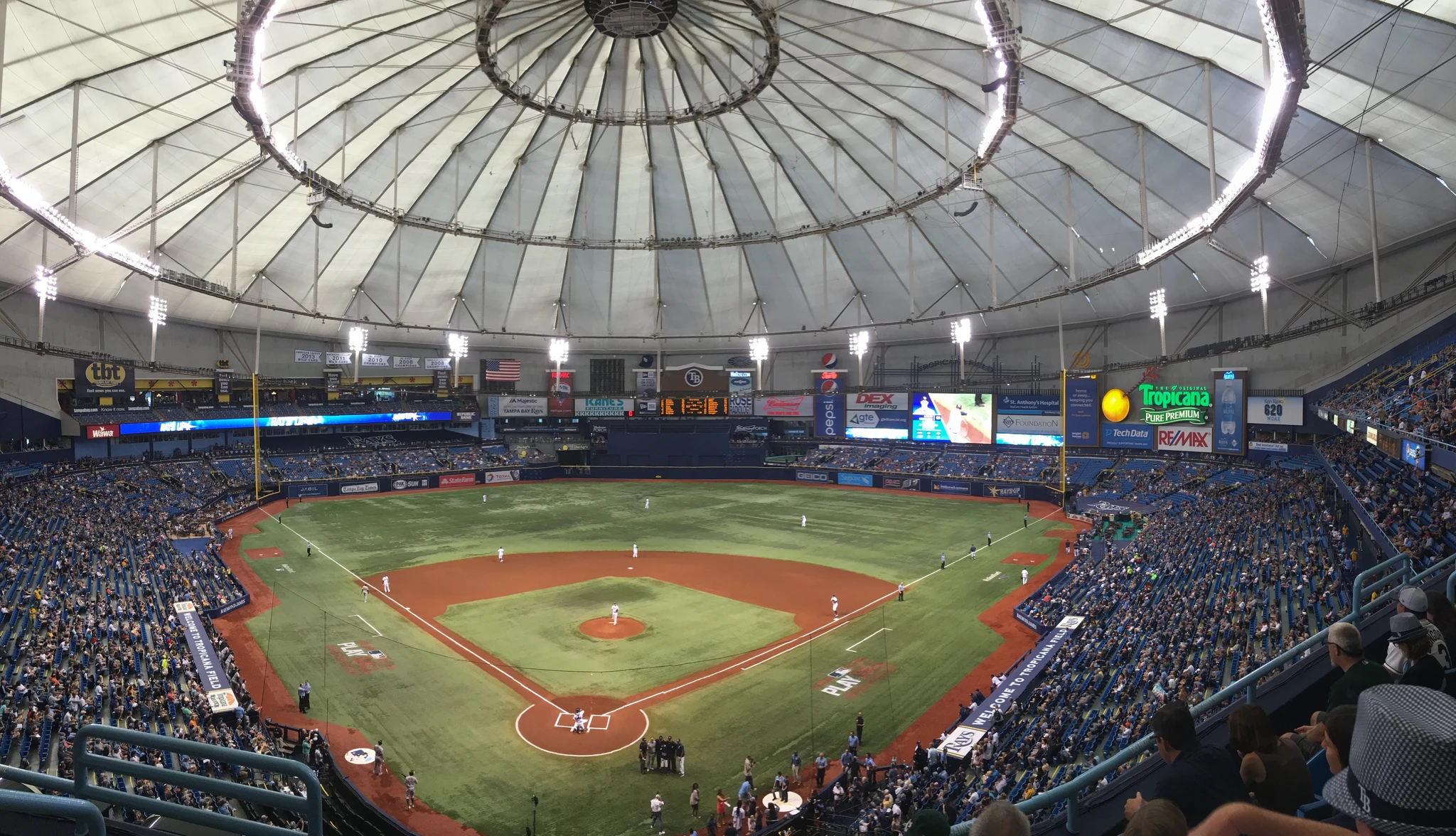 Interior view of Tropicana Field under its white dome during a Tampa Bay Rays game