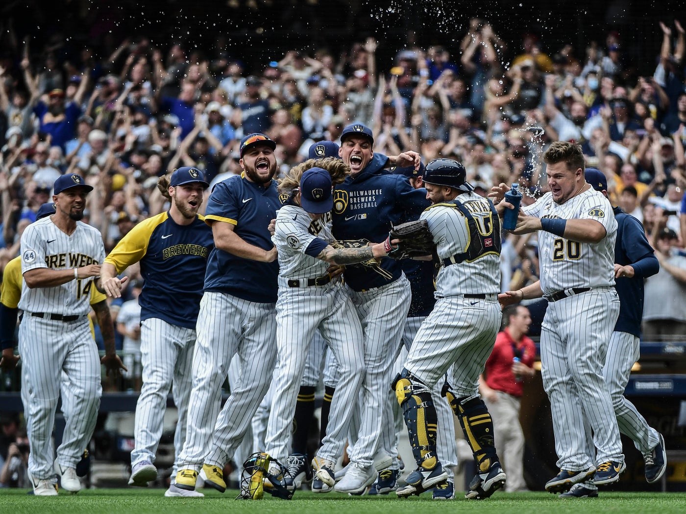 File photo: the Milwaukee Brewers celebrating; they await the Rays in the World Series.
