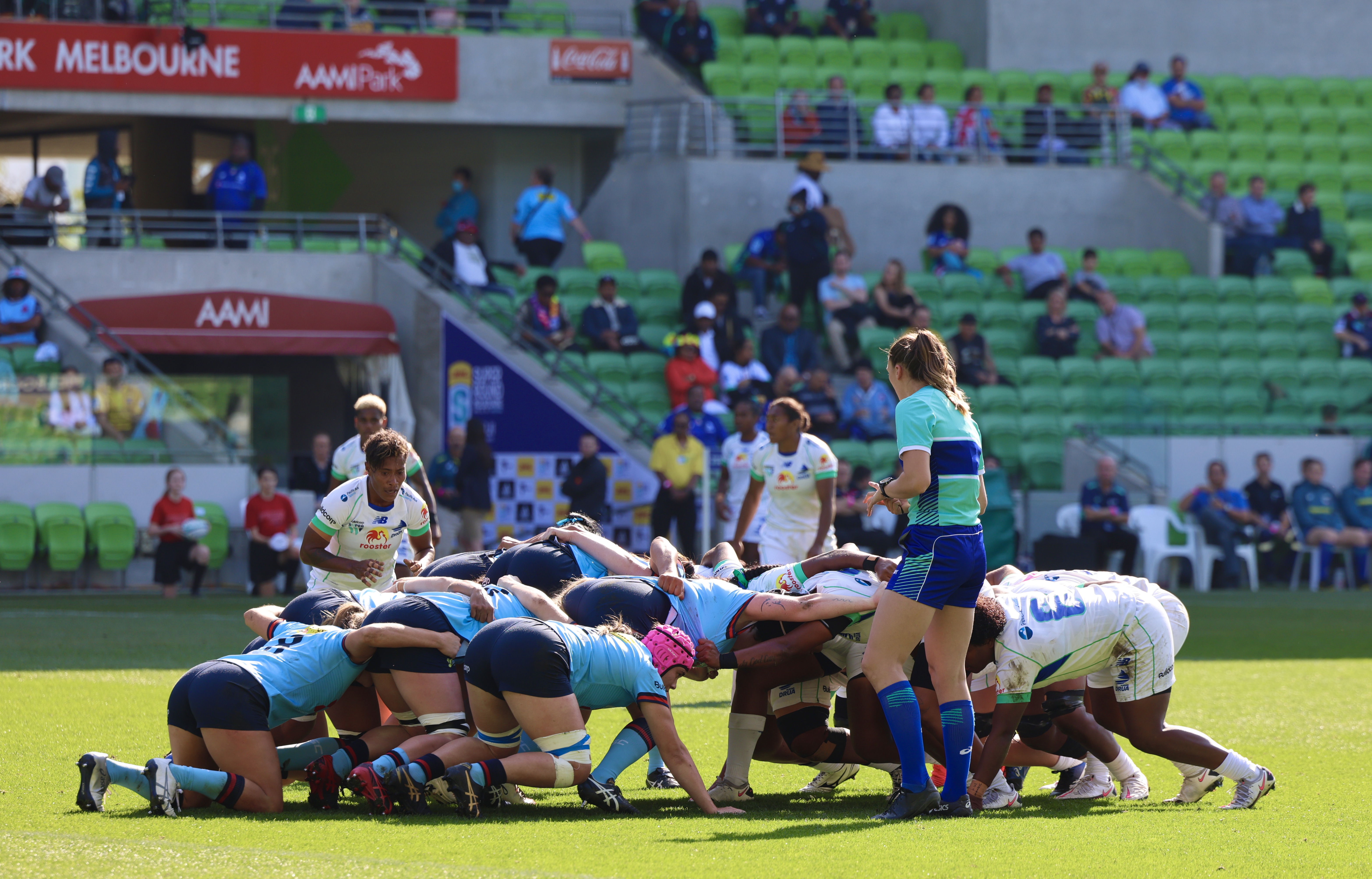 A women's scrum in the 2022 Super W Final at AAMI Park, Melbourne (file photo)