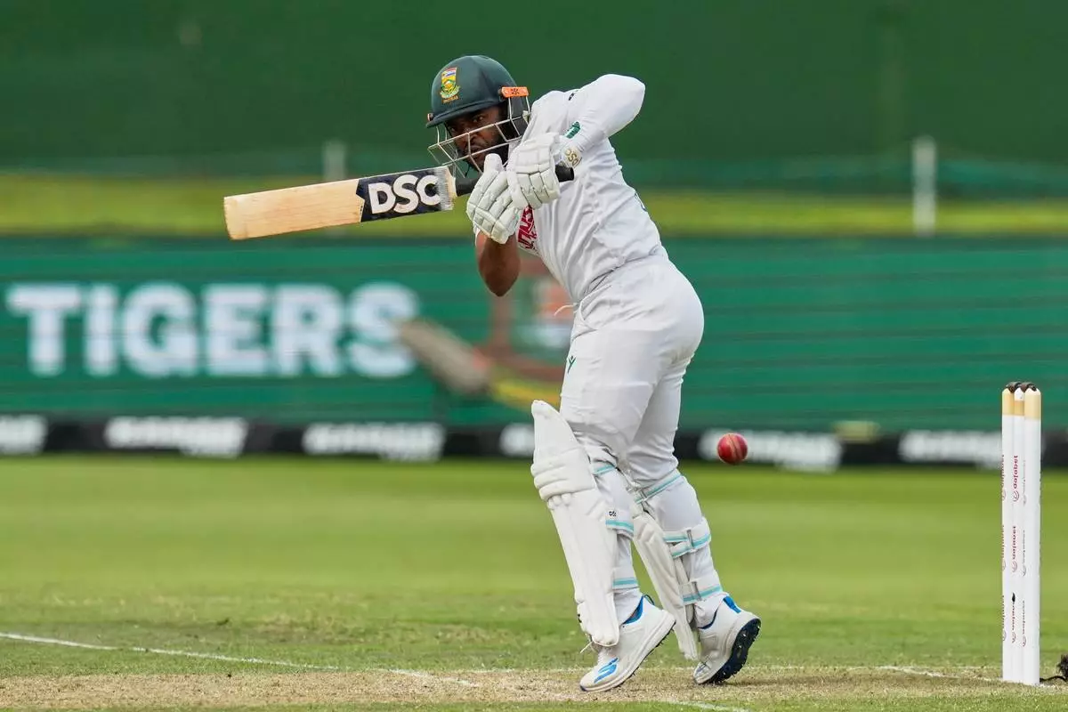 South Africa captain Temba Bavuma plays a shot on day three of the second Test against Australia at St George's Park, Gqeberha (AP Photo/Themba Hadebe)