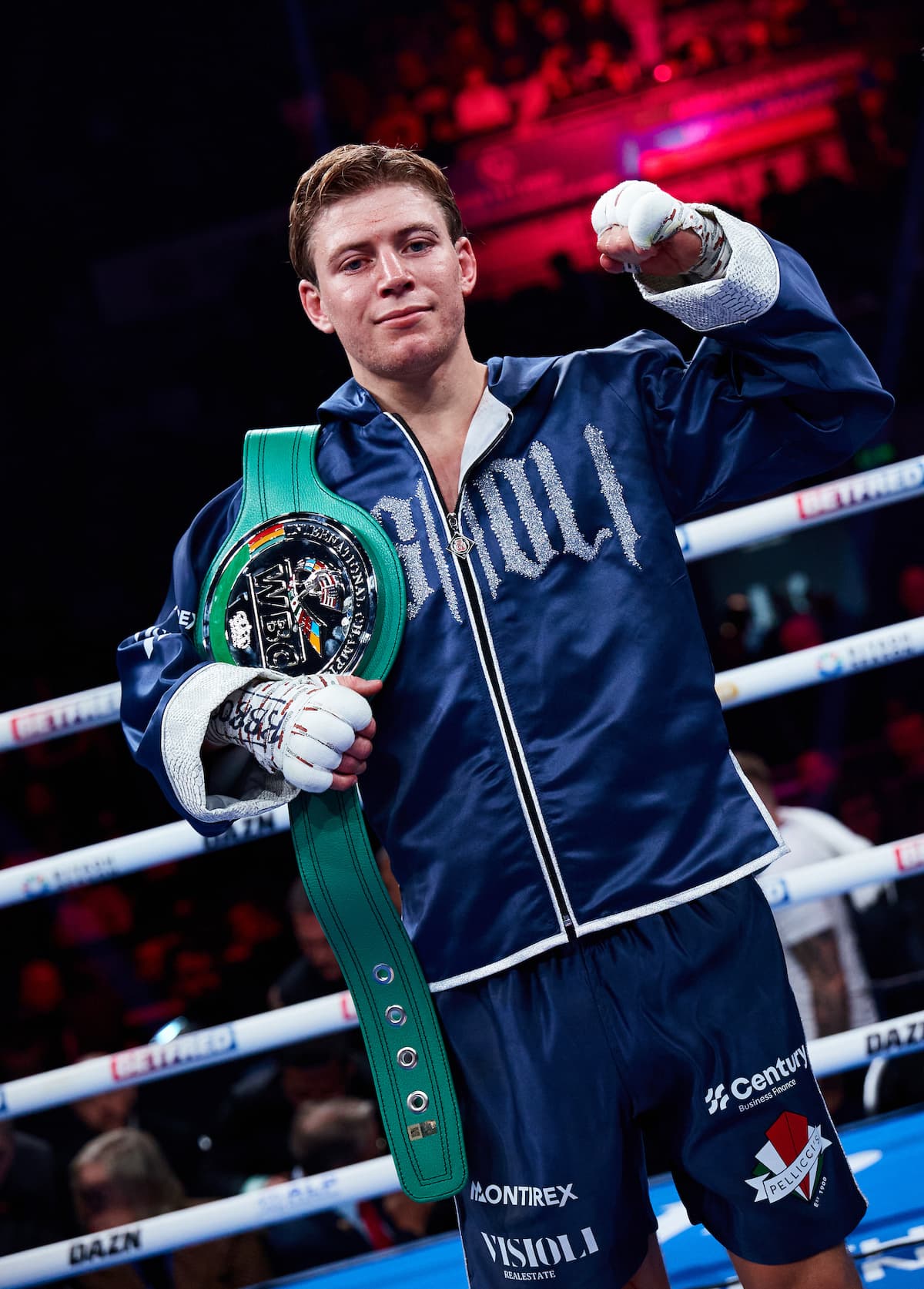 Giorgio Visioli poses with his belt after beating Maxi Hughes