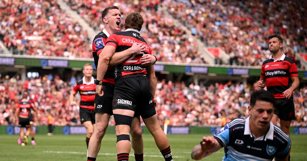 Isaac Hutchinson of Canterbury celebrates with Dallas McLeod after scoring a try in the NPC final against Northland