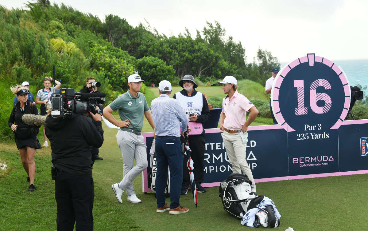 Seamus Power and Austin Smotherman wait to tee off in the playoff at Port Royal's 16th hole