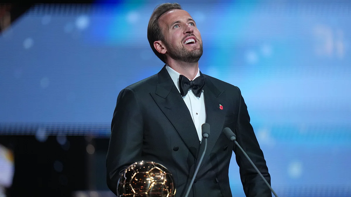 Harry Kane with the Ballon dOr trophy at the London Palladium ceremony