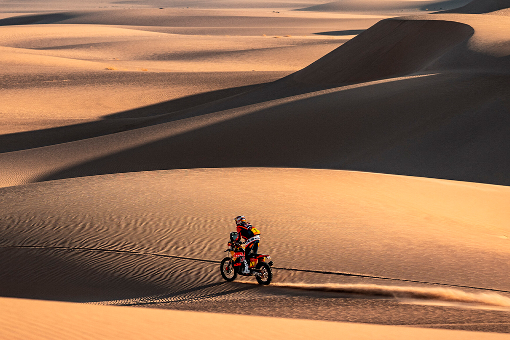 Dakar Rally motorcycle action pictured in Cycle News report on the 2027 Dakar Rally leaving Saudi Arabia