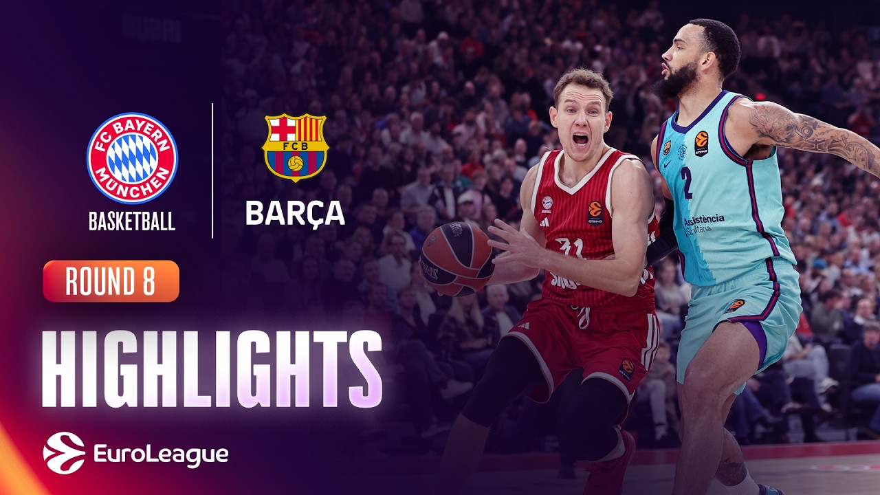 Official EuroLeague Round 8 highlights artwork for Bayern Munich v FC Barcelona, showing game action at SAP Garden.