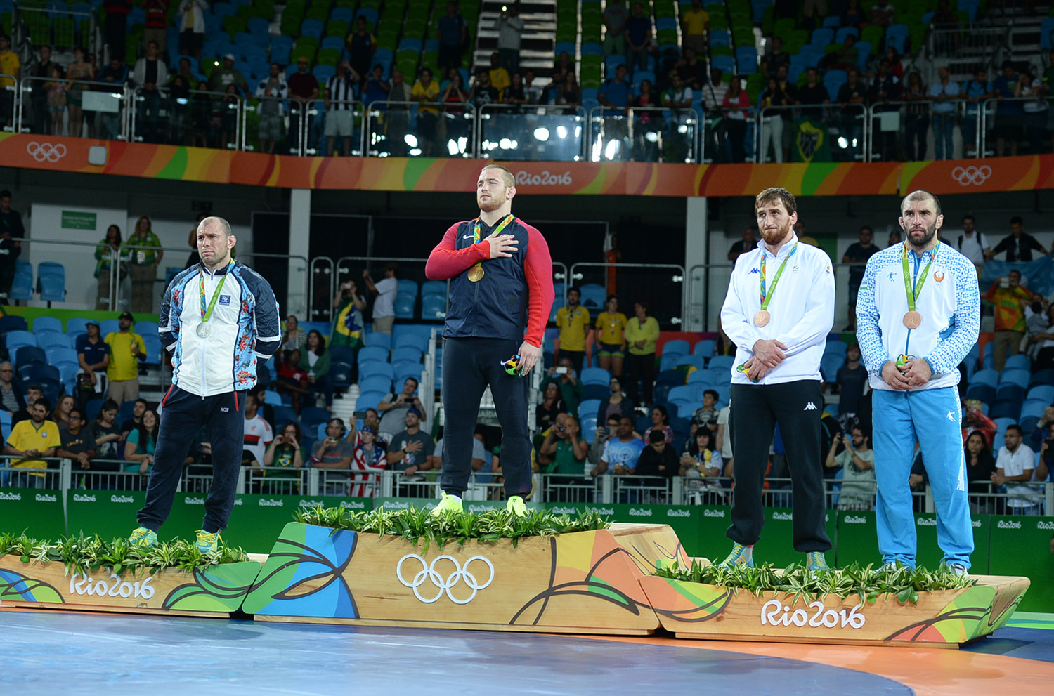 Kyle Snyder on the podium at the 2016 Rio Olympics men's freestyle 97kg awarding ceremony — an archive photo, not from Astana in 2026.
