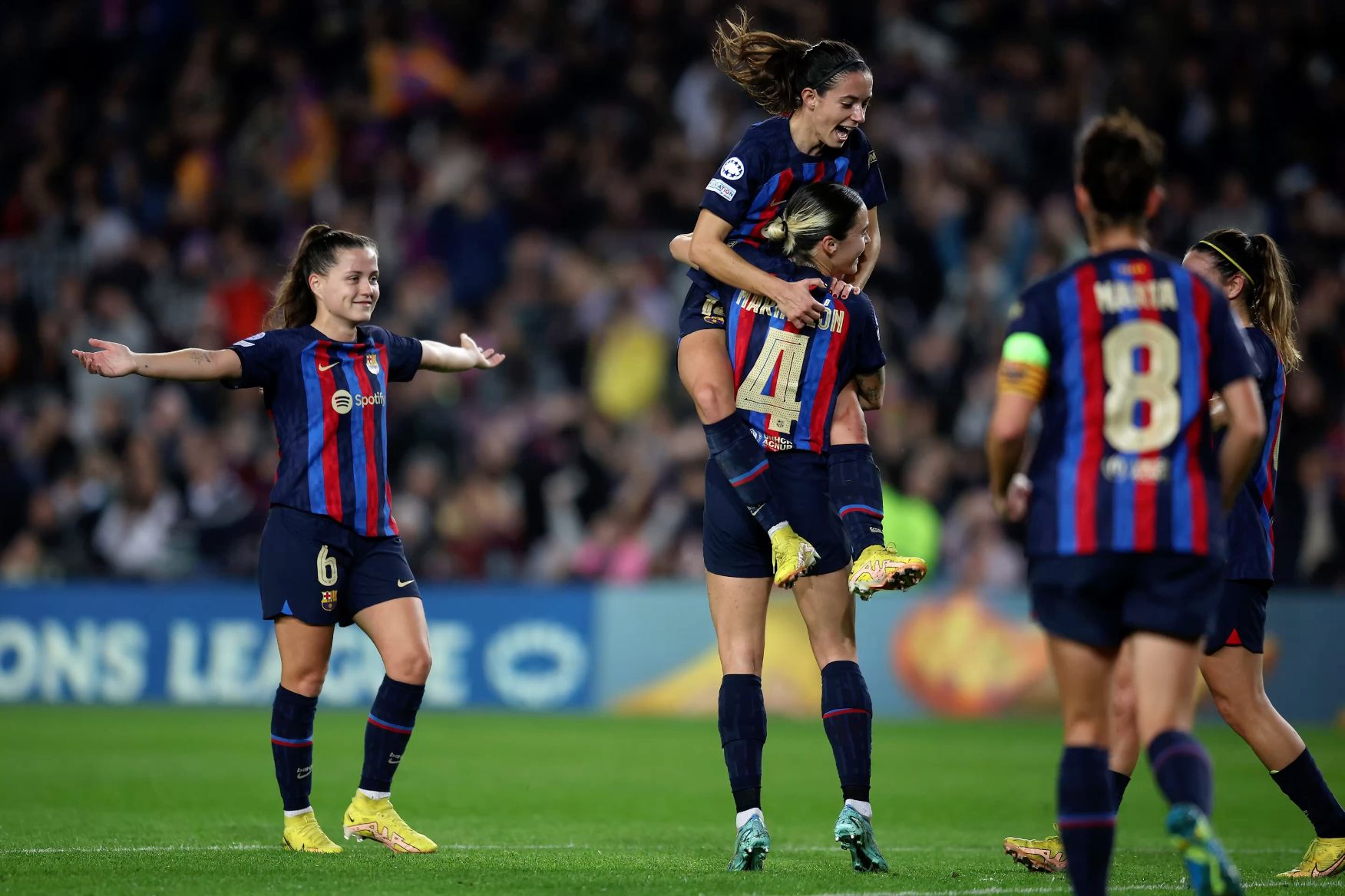 File photo, not from the Køge match: FC Barcelona Femení players celebrating a goal in the Champions League.