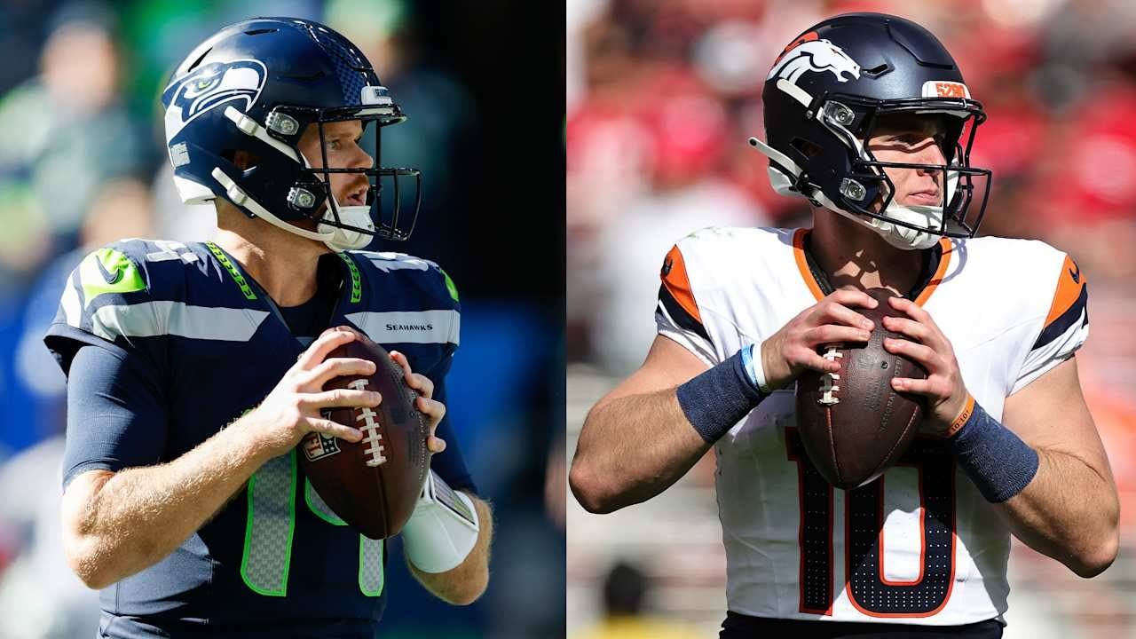 Sam Darnold and Bo Nix pictured in the NFL’s Seahawks–Broncos preview.
