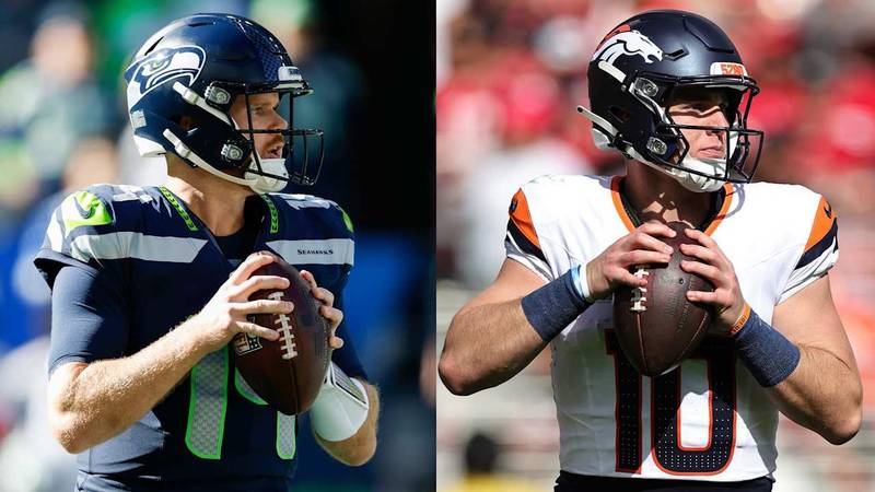 Sam Darnold and Bo Nix pictured in the NFL’s Seahawks–Broncos preview.