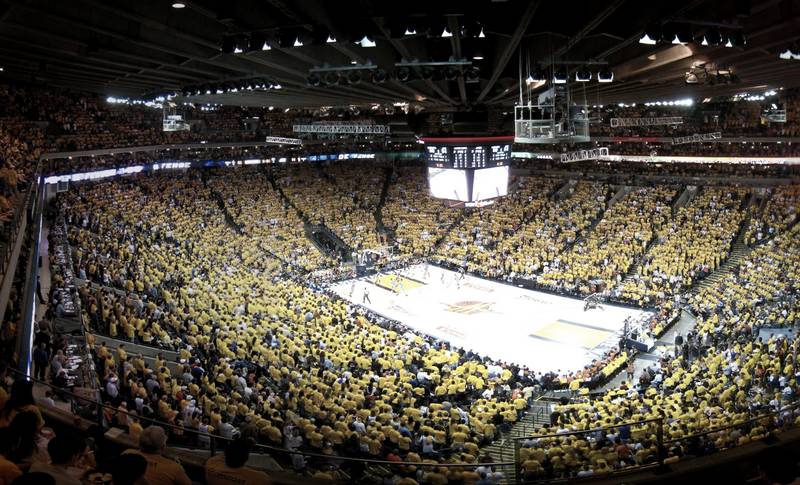 An NBA arena filled with fans at night