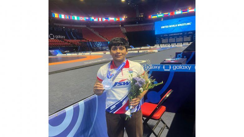 Die indische Ringerin Amruta Pujari, die bei der U23-Weltmeisterschaft im Ringen in Las Vegas Silber in der 72-kg-Klasse der Frauen gewann