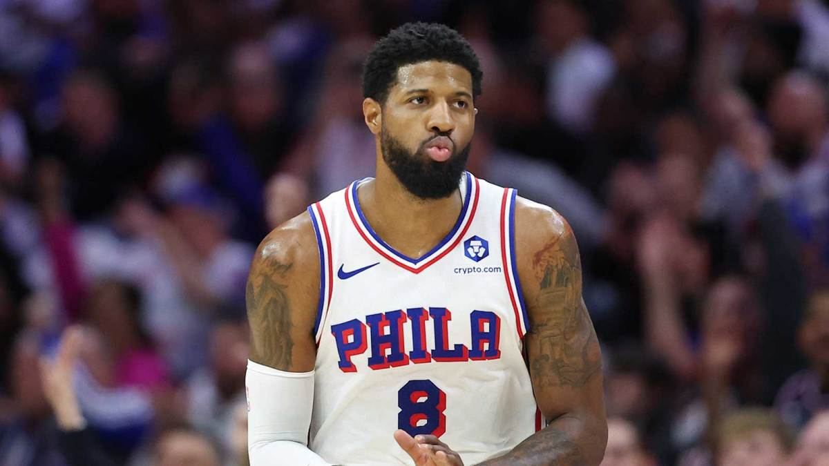 Paul George in a white Philadelphia 76ers No. 8 jersey during a game.