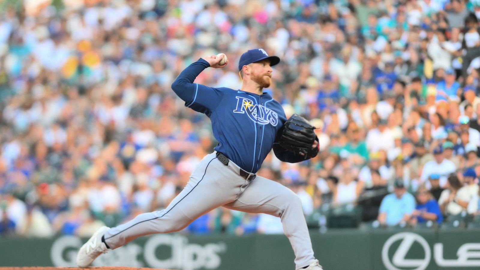 Tampa Bay Rays pitcher Drew Rasmussen in his windup during a 2026 season game