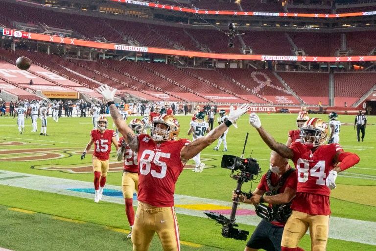 File photo: the San Francisco 49ers at Levi's Stadium, where they stayed unbeaten Monday night.