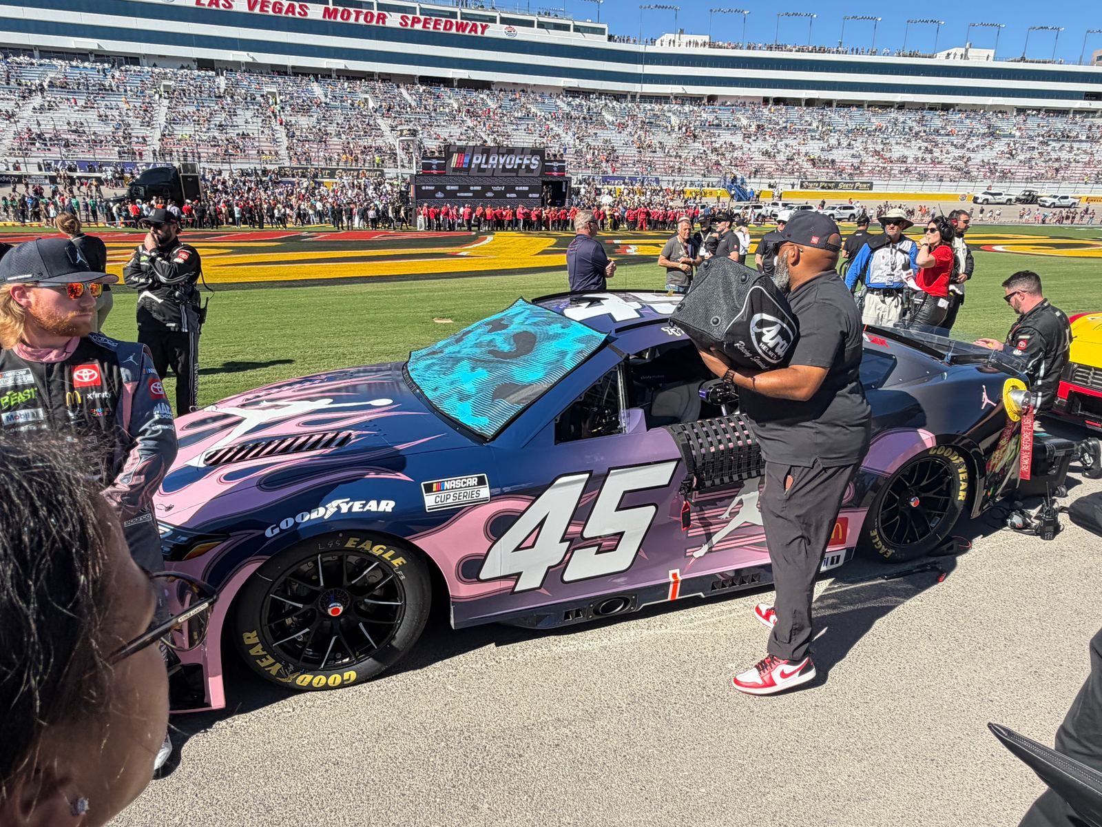 File photo: Tyler Reddick's No. 45 23XI Racing Toyota on track at Las Vegas Motor Speedway, Fall 2025.