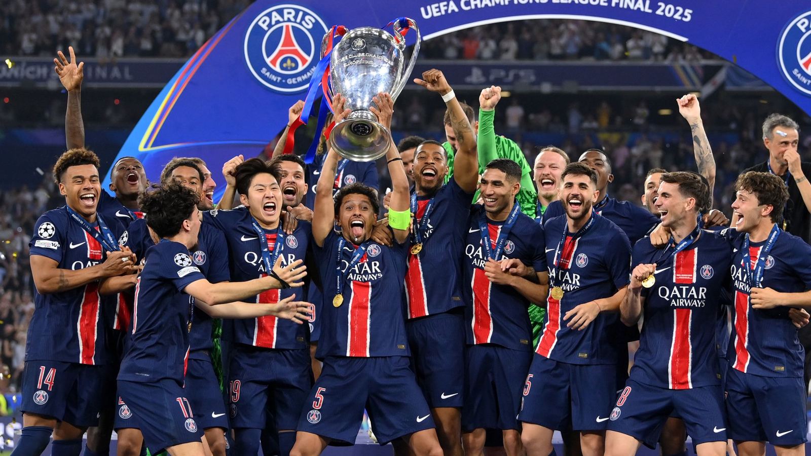 PSG players celebrating after their 2025 Champions League final victory (file photo)