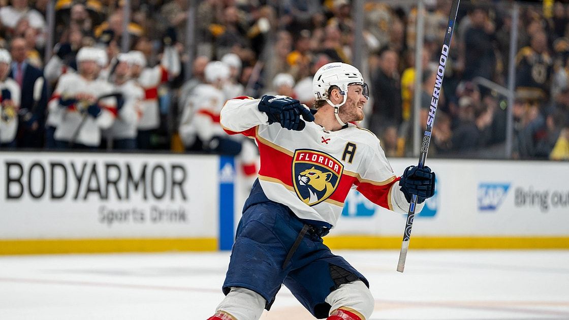 Brady Tkachuk celebrating in his Florida Panthers uniform