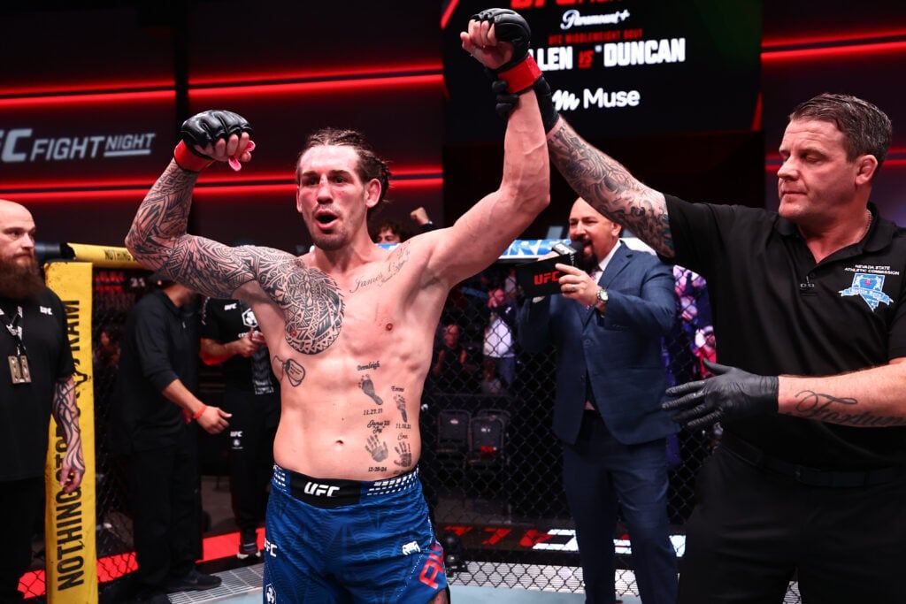 Brendan Allen celebrates after defeating Christian Leroy Duncan in their UFC Fight Night main event in Las Vegas