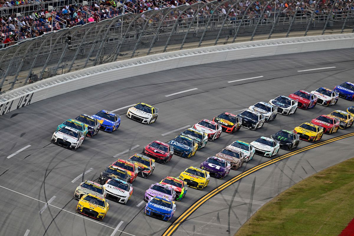 Cup Series pack racing three-wide at Talladega Superspeedway