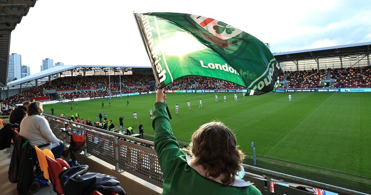 London Irish supporters cheering at Brentford Community Stadium during a Gallagher Premiership match
