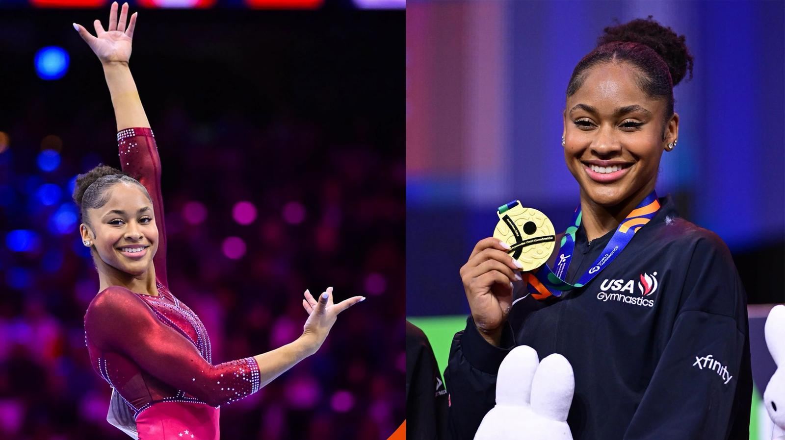 Skye Blakely poses in her red leotard and holds her world all-around gold medal in Rotterdam