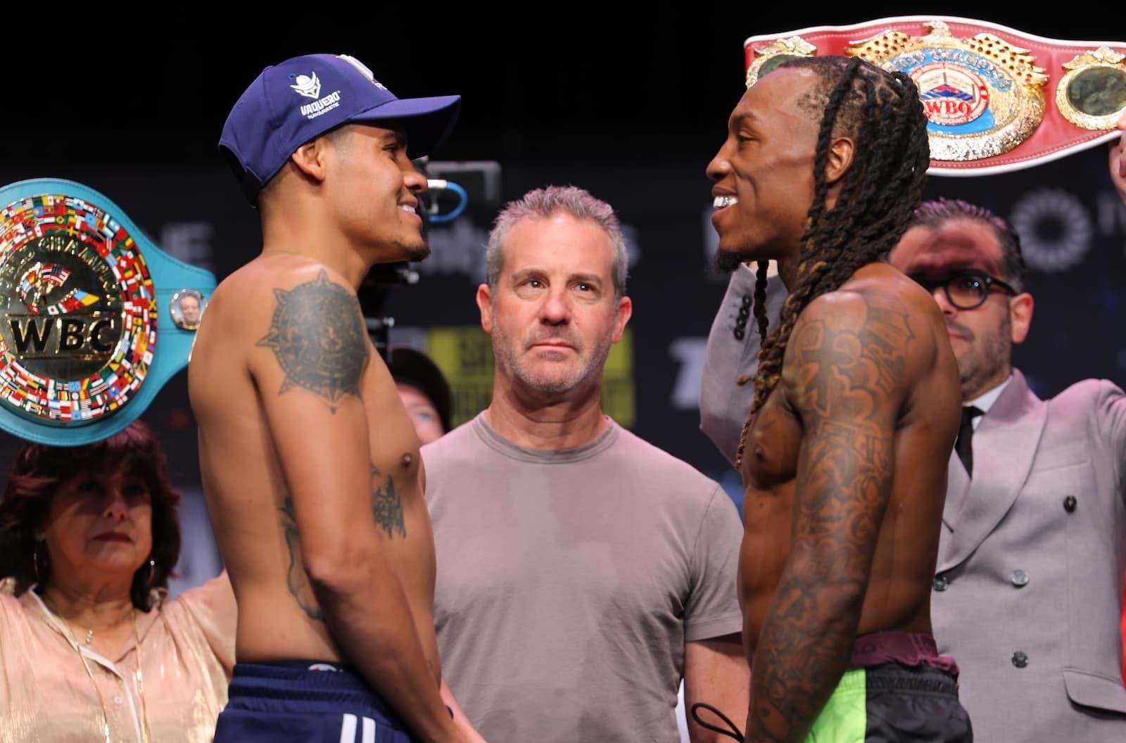 Emanuel Navarrete and O'Shaquie Foster face off at the weigh-in in San Antonio