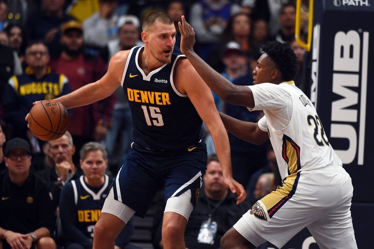Denver Nuggets centre Nikola Jokic works in the post against New Orleans Pelicans forward Herbert Jones in the second half at Ball Arena on October 24, 2026.