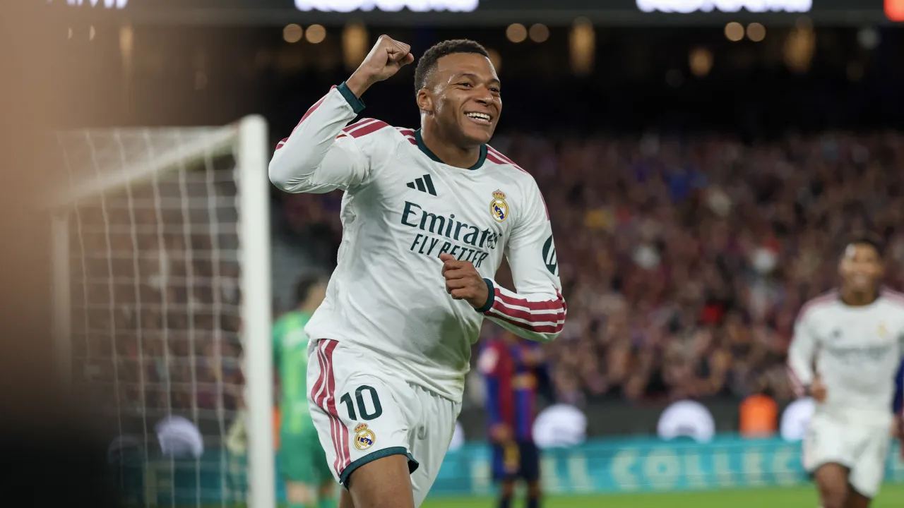 Kylian Mbappé celebrating after scoring for Real Madrid in El Clásico