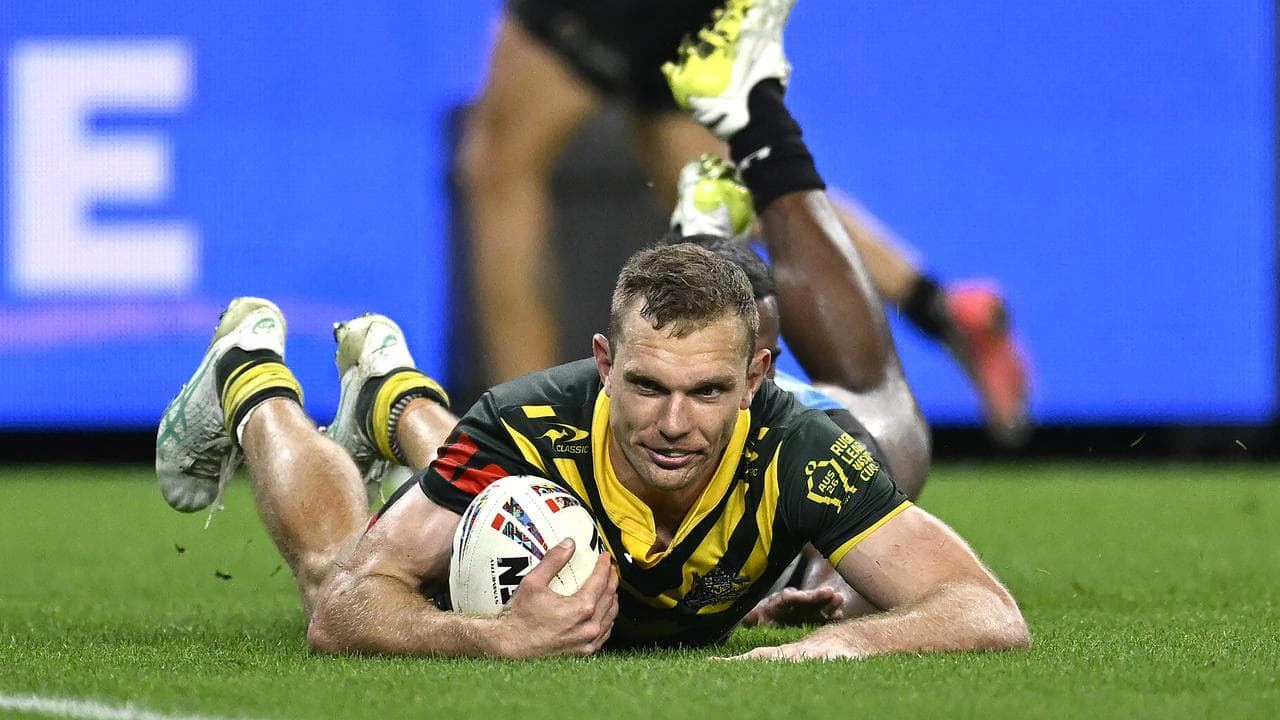 Australia captain James Tedesco leading the Kangaroos against Fiji at Suncorp Stadium