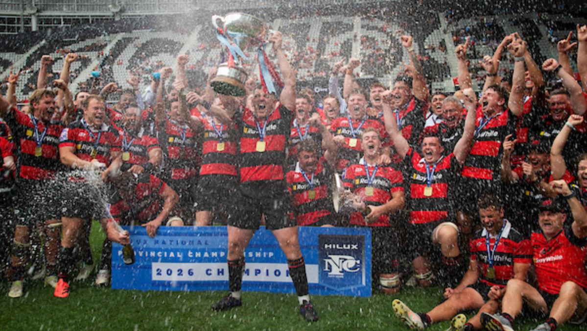 Canterbury players celebrate winning the NPC title over Northland