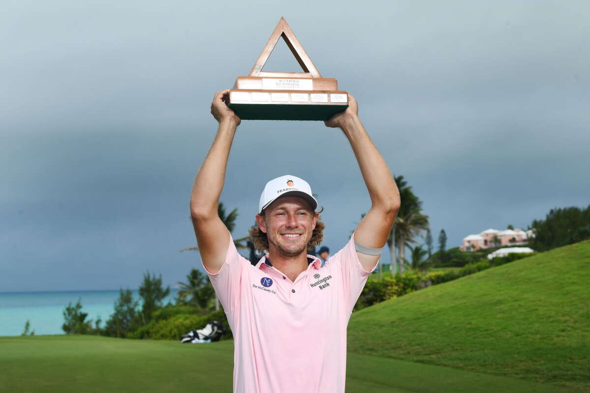 Austin Smotherman smiling after winning the Butterfield Bermuda Championship in a playoff at Port Royal