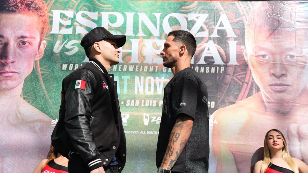 Lindolfo Delgado faces off with Gabriel Gollaz Valenzuela at a press conference on 13 November 2025 in San Luis Potosi, Mexico, ahead of their eliminator bout — not the cancelled Riyadh fight