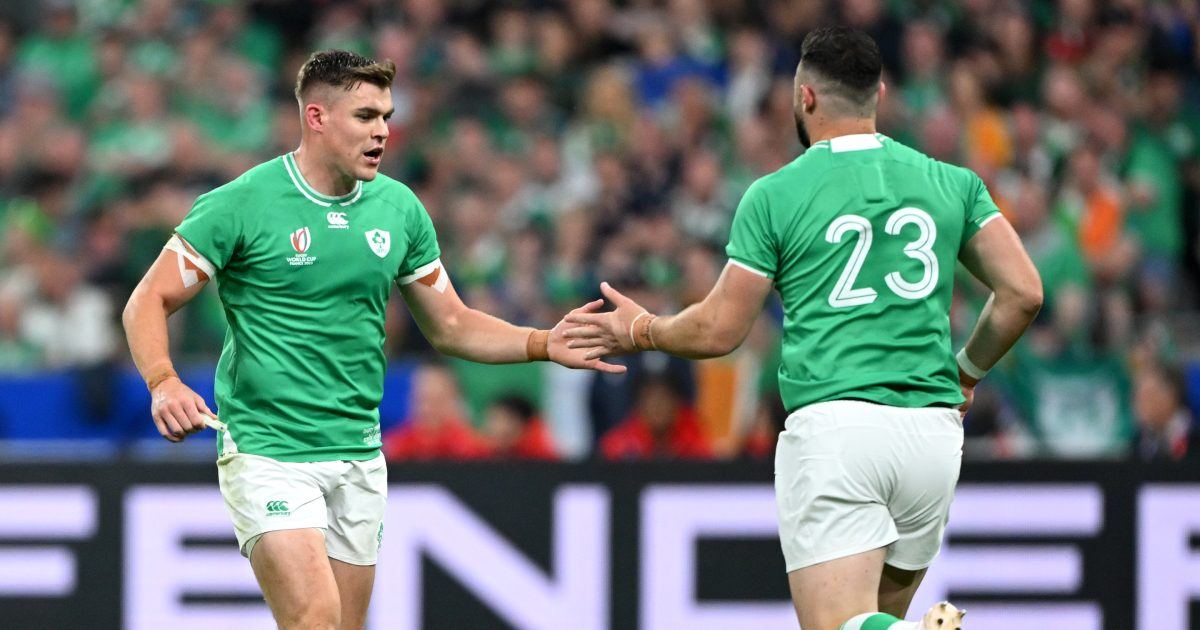 Garry Ringrose, left, in Ireland's green jersey shakes hands with Robbie Henshaw during the Rugby World Cup match against South Africa in Paris in 2023