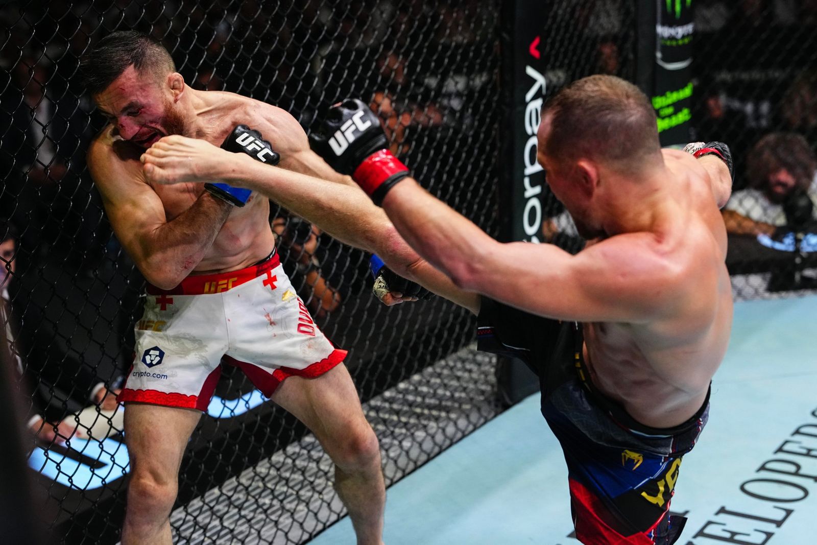 Petr Yan kicks Merab Dvalishvili during their UFC 333 bantamweight title fight at Etihad Arena in Abu Dhabi on 24 October 2026, photo by Jeff Bottari/Zuffa LLC