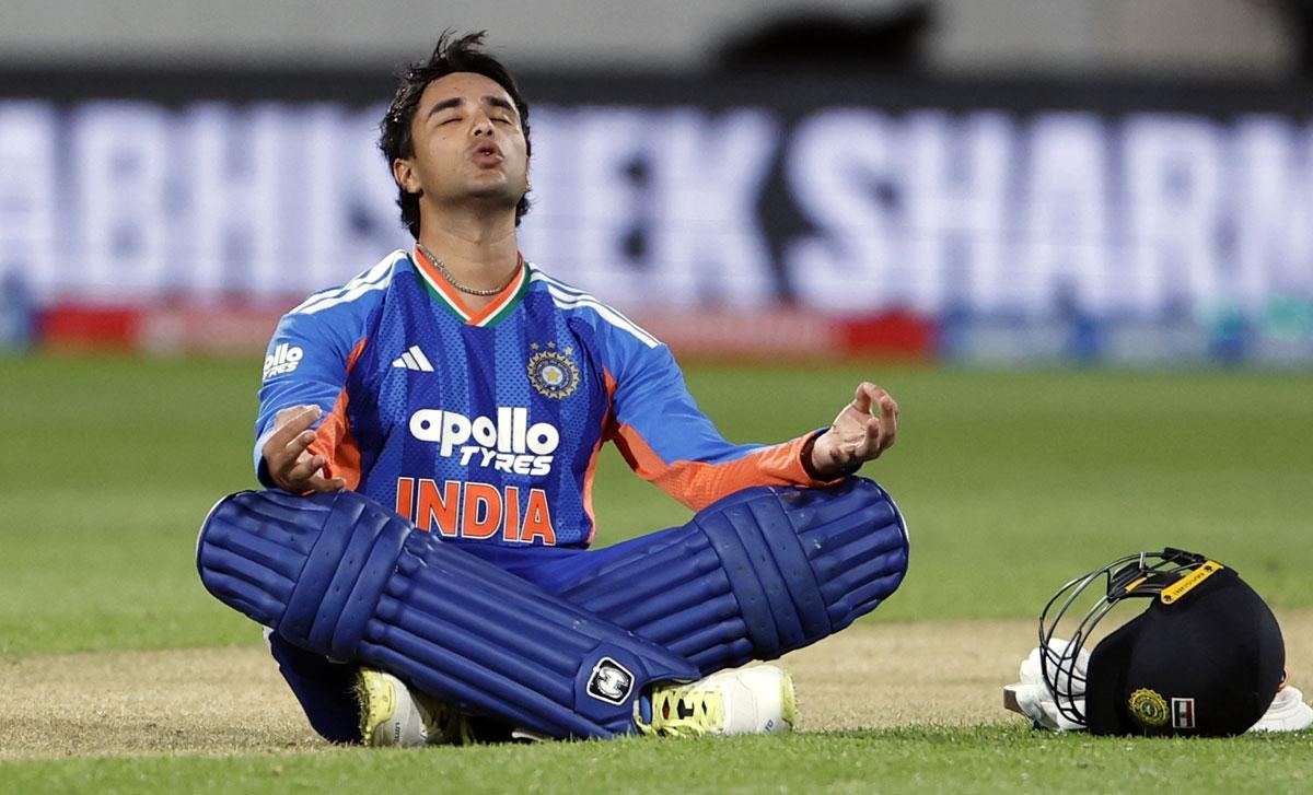 Abhishek Sharma celebrates after completing his century against New Zealand in the 3rd T20I in Wellington, BCCI photograph via Rediff
