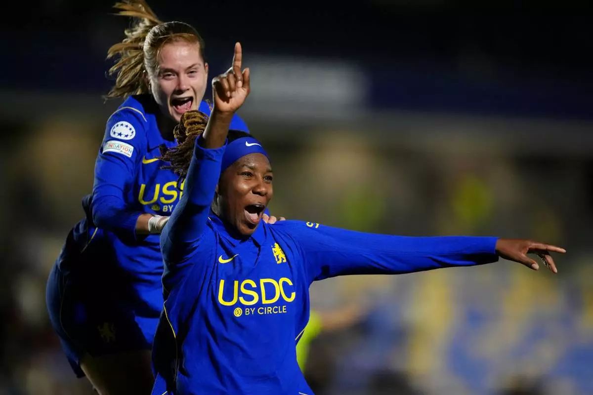 Chelsea's Kadeisha Buchanan celebrates scoring the second goal against Roma in the Women's Champions League at Plough Lane, London, on 28 October 2026.