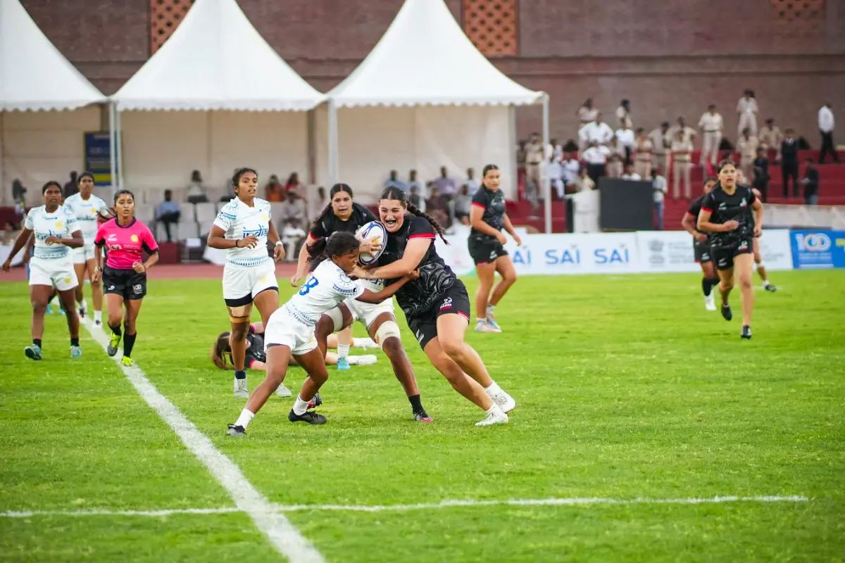 Players in action during the India–New Zealand Under-20 rugby sevens series at Rajgir Sports Complex