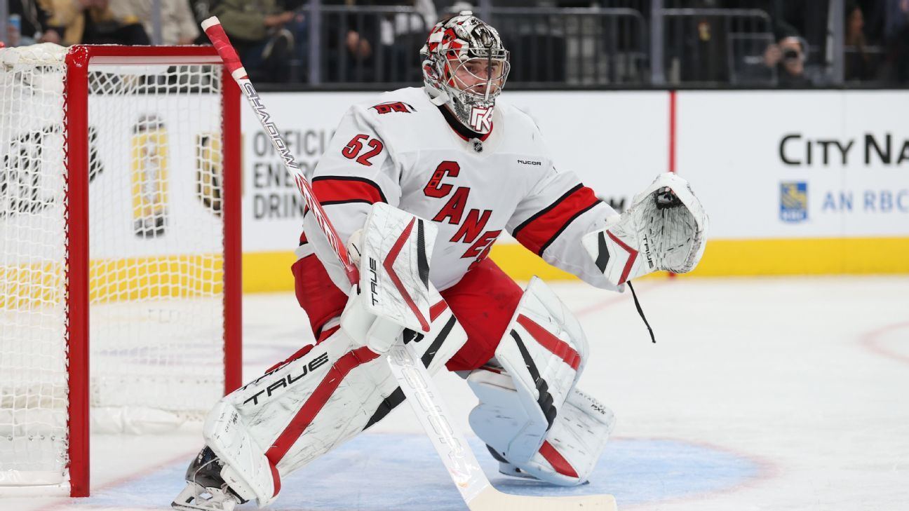 File photo, not from this game: Pyotr Kochetkov in goal for the Carolina Hurricanes.
