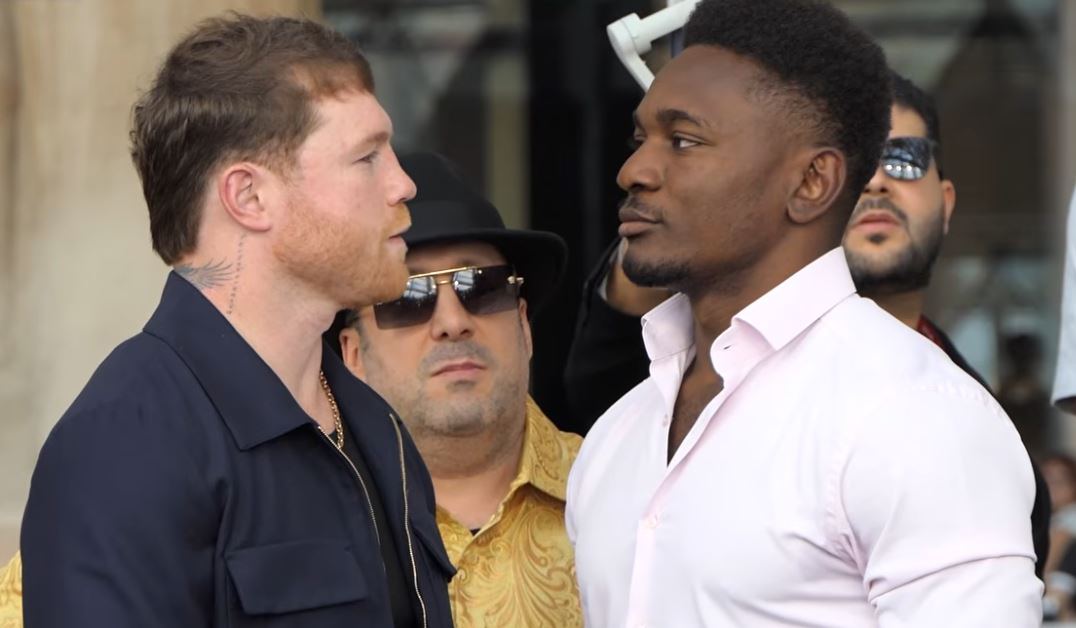 Archive photo: Canelo Alvarez and Christian Mbilli face off at a launch press conference, not the Riyadh fight itself.