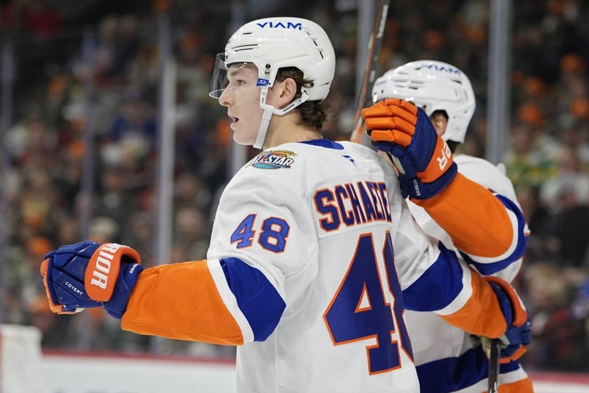 New York Islanders defenceman Matthew Schaefer (48) celebrates his first-period goal against the Minnesota Wild on 29 October 2026 at Grand Casino Arena in Saint Paul.