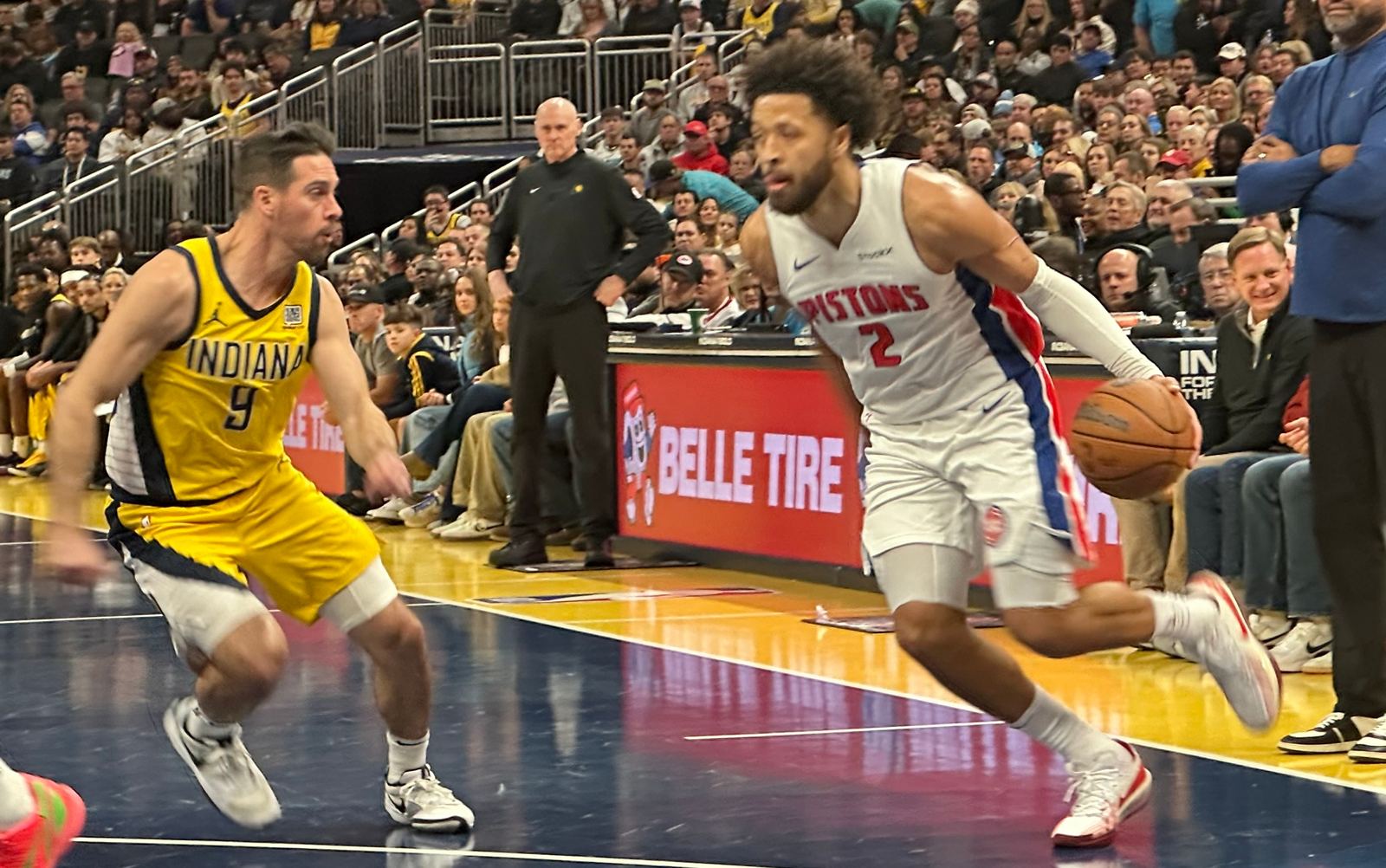 File photo, not from the Pistons-Nets game: Cade Cunningham driving against an opponent in 2024.